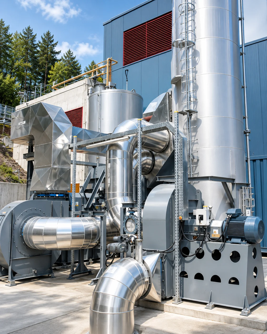 Elektrischer Anlagenbau an einer Industrieanlage mit Edelstahlrohren und Antrieben