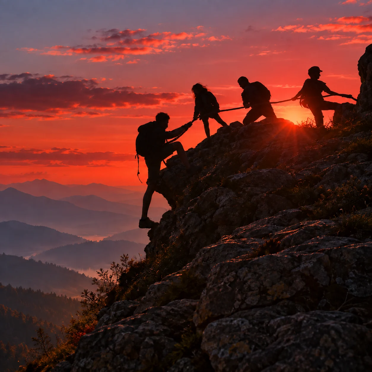 Menschen unterstützen sich beim gemeinsamen Aufstieg am Berg im Abendlicht.