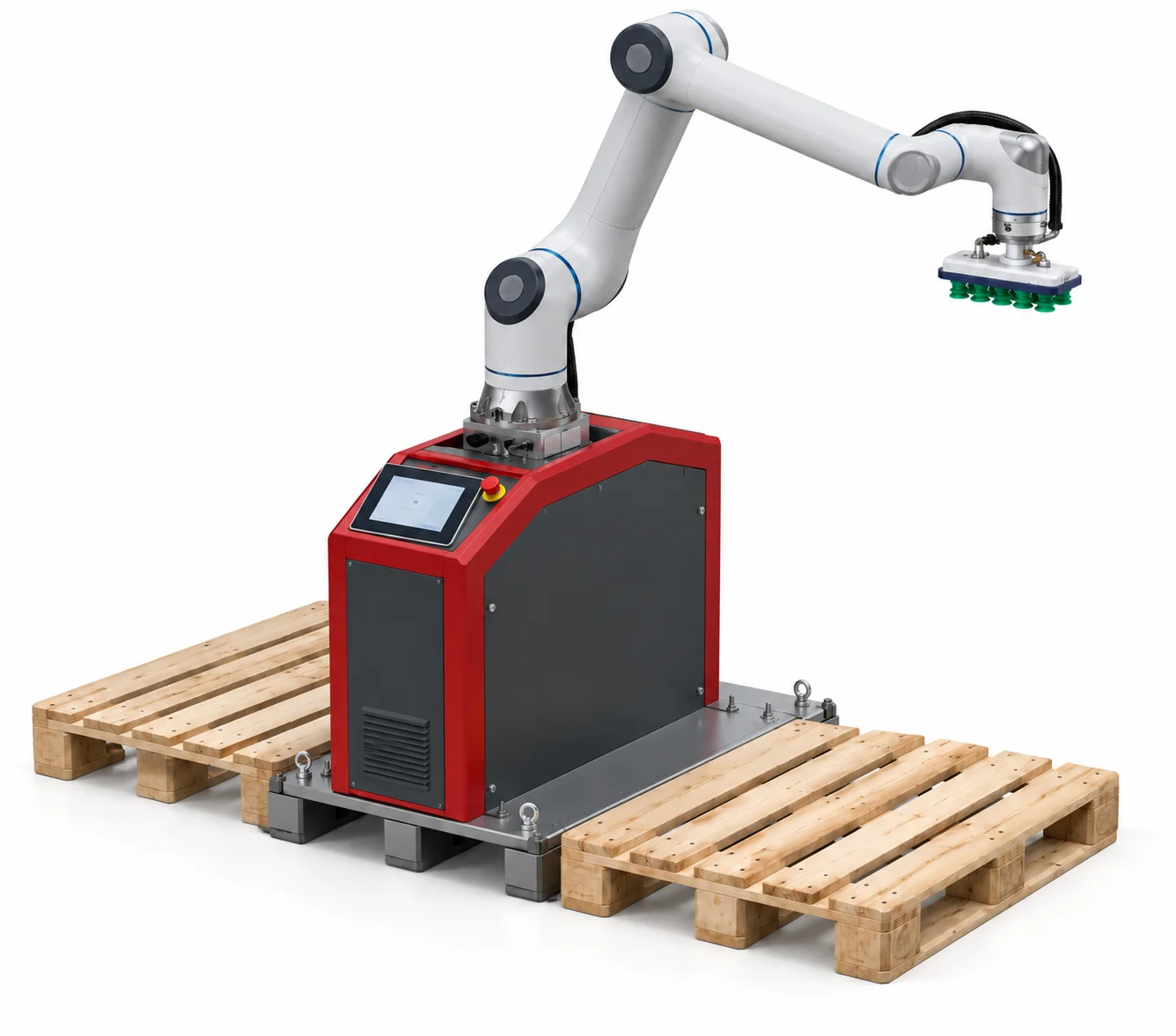 Cobot Palettierer mit Vakuumgreifer und zwei Palettenplätzen